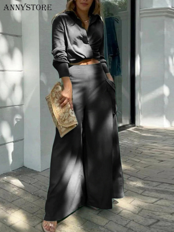 Košulja Duge hlače Odijela Komplet od 2 komada Ženska košulja dugih rukava Hlače širokih nogavica Ležerna bijela odjeća proljeće ljeto 2023 Novo