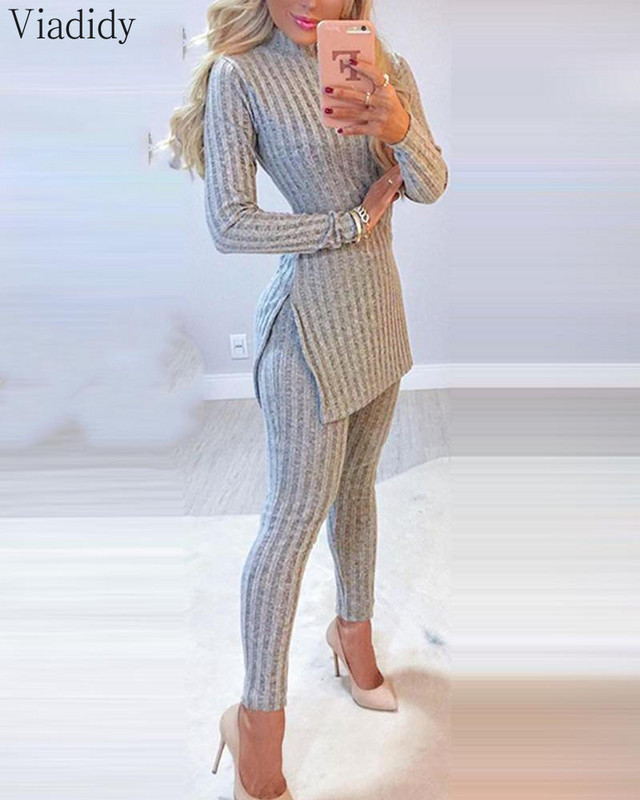 Μασίφ πλεκτά μακρυμάνικα Skinny T-shirts με Skinny Pants Suit Set