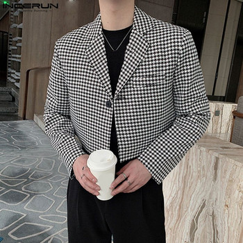 INCERUN μπλουζάκια 2023 Κορεάτικου στυλ Όμορφο νέο ανδρικό καρό κοστούμι casual party Shows για άνδρες που εφαρμόζουν κοντό Blazer S-5XL