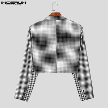 INCERUN μπλουζάκια 2023 Κορεάτικου στυλ Όμορφο νέο ανδρικό καρό κοστούμι casual party Shows για άνδρες που εφαρμόζουν κοντό Blazer S-5XL