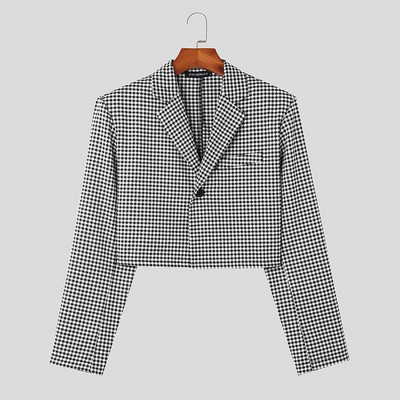 INCERUN μπλουζάκια 2023 Κορεάτικου στυλ Όμορφο νέο ανδρικό καρό κοστούμι casual party Shows για άνδρες που εφαρμόζουν κοντό Blazer S-5XL