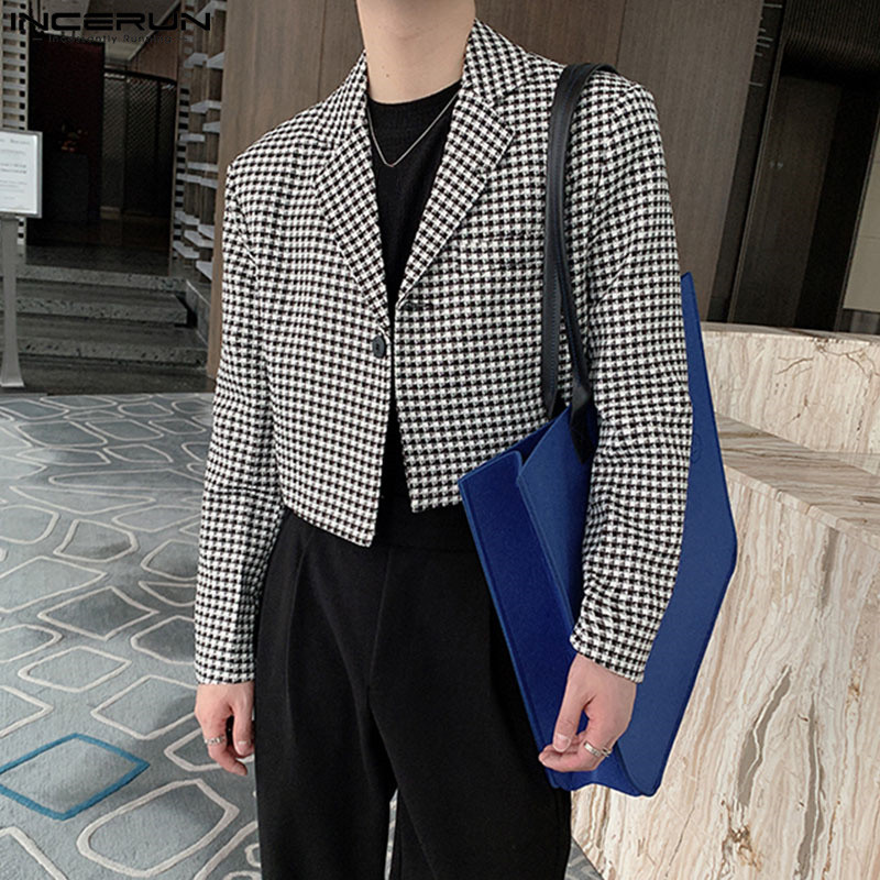 INCERUN μπλουζάκια 2023 Κορεάτικου στυλ Όμορφο νέο ανδρικό καρό κοστούμι casual party Shows για άνδρες που εφαρμόζουν κοντό Blazer S-5XL