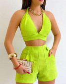 Kaheosaline naisteriietus, 2023. aasta suvemood, puhkuse päitsed, varrukateta, kärbitud topp ja kõrge vöökohaga lühikeste pükste komplekt naistele