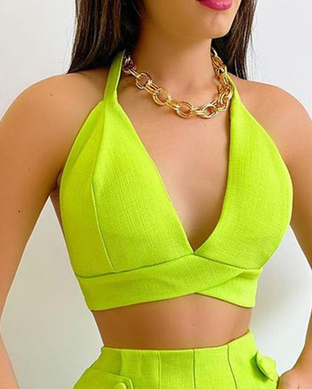 Σετ δύο τεμαχίων Γυναικεία στολή 2023 Summer Fashion Vacation Halter Αμάνικο Plunge Crop Top & Γυναικείο Σετ ψηλόμεσο σορτς γραφείου