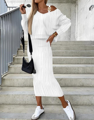 Casual γυναικεία φορέματα 2023 Φθινοπωρινό casual μακρυμάνικο με λαιμόκοψη με ανάγλυφη μπλούζα και μόδα σετ αμάνικο φόρεμα ντεκόρ Νέο