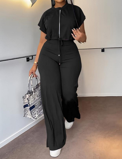 Dvodijelni set ženske odjeće, ležerna odjeća za 2023., gornji dio zvonastih rukava s uzicom s kontrastnim pločama i modni komplet hlača s visokim strukom, ulična odjeća