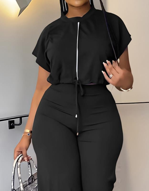 Dvodijelni set ženske odjeće, ležerna odjeća za 2023., gornji dio zvonastih rukava s uzicom s kontrastnim pločama i modni komplet hlača s visokim strukom, ulična odjeća