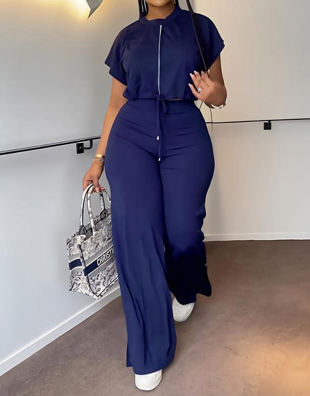 Dvodijelni set ženske odjeće, ležerna odjeća za 2023., gornji dio zvonastih rukava s uzicom s kontrastnim pločama i modni komplet hlača s visokim strukom, ulična odjeća