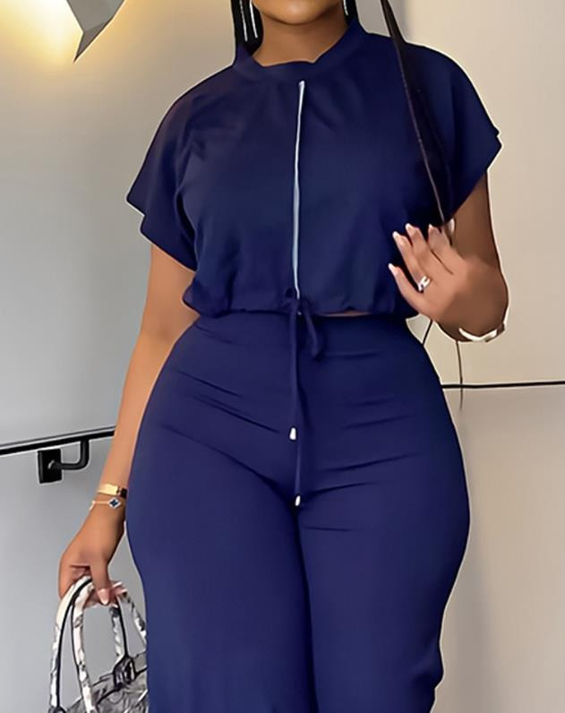 Dvodijelni set ženske odjeće, ležerna odjeća za 2023., gornji dio zvonastih rukava s uzicom s kontrastnim pločama i modni komplet hlača s visokim strukom, ulična odjeća