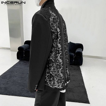 INCERUN 2023 Мъжки блейзър, дантелен пачуърк, копчета с дълъг ръкав, улични костюми, мъжки прозрачен гръб, модни ежедневни тънки палта