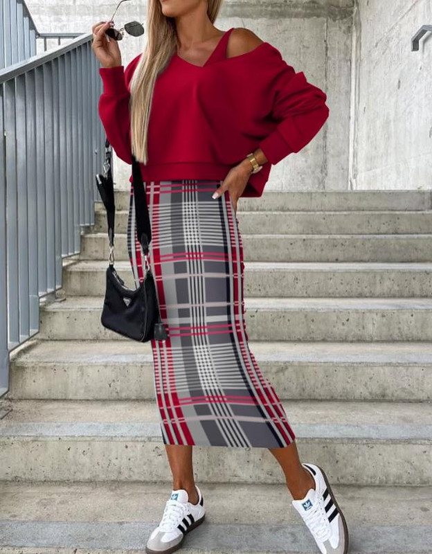 Naiste kleidiülikond 2023. aasta sügise vabaaja V-kaelusega varrukateta kleit ja moodne geomeetrilise trükiga top komplekt, kaheosaline riietus