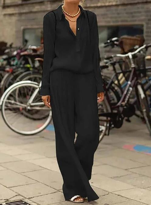 Ženska odjeća Ženska odjeća 2023. Elegantna jednobojna košulja dugih rukava i modni široki komplet hlača Ležerna ženska odijela