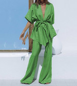 Kaheosaline naisteriietus, 2023. aasta moodne puuvillakanepist lühikeste varrukatega topp ja vabaaja kõrge vöökohaga laia säärega avara pükste komplekt tänavarõivad