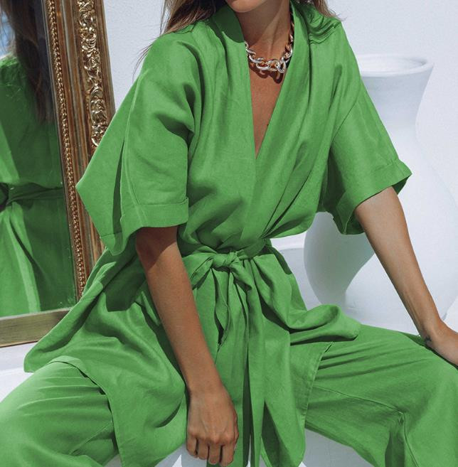 Kaheosaline naisteriietus, 2023. aasta moodne puuvillakanepist lühikeste varrukatega topp ja vabaaja kõrge vöökohaga laia säärega avara pükste komplekt tänavarõivad