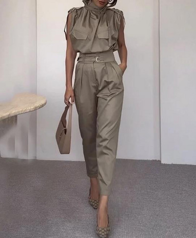 Kaheosaline naisteriietus, 2023. aasta suvemood, vabaaja täisvarrukateta topid ja kõrge vöökohaga pükste komplekt, tänavarõivad