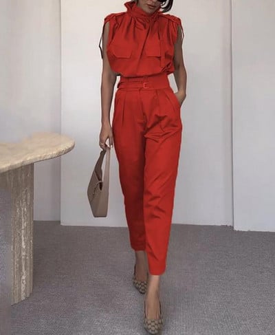 Kaheosaline naisteriietus, 2023. aasta suvemood, vabaaja täisvarrukateta topid ja kõrge vöökohaga pükste komplekt, tänavarõivad