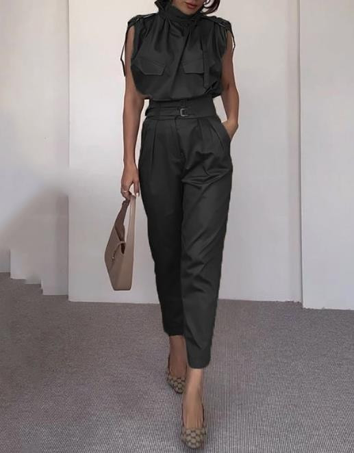 Kaheosaline naisteriietus, 2023. aasta suvemood, vabaaja täisvarrukateta topid ja kõrge vöökohaga pükste komplekt, tänavarõivad