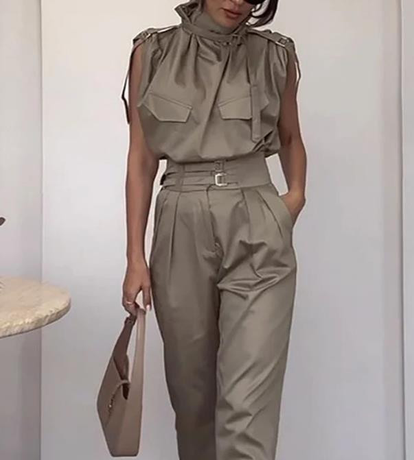 Kaheosaline naisteriietus, 2023. aasta suvemood, vabaaja täisvarrukateta topid ja kõrge vöökohaga pükste komplekt, tänavarõivad