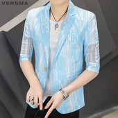 VERSMA korejski stil šuplji ružičasti muški sakoi s otisnutim kaputom Ženski plavi sako kratkih rukava za dječake Blazer Masculino Dropshipping