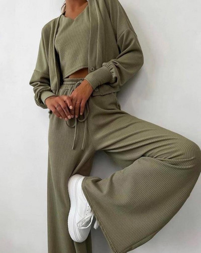 Naiste vabaaja 3-osaline komplekt, pikkade varrukatega, sooniku ja nööriga pükste komplekt nööpidega mantliga 2023. aasta sügisene naiste ülikond