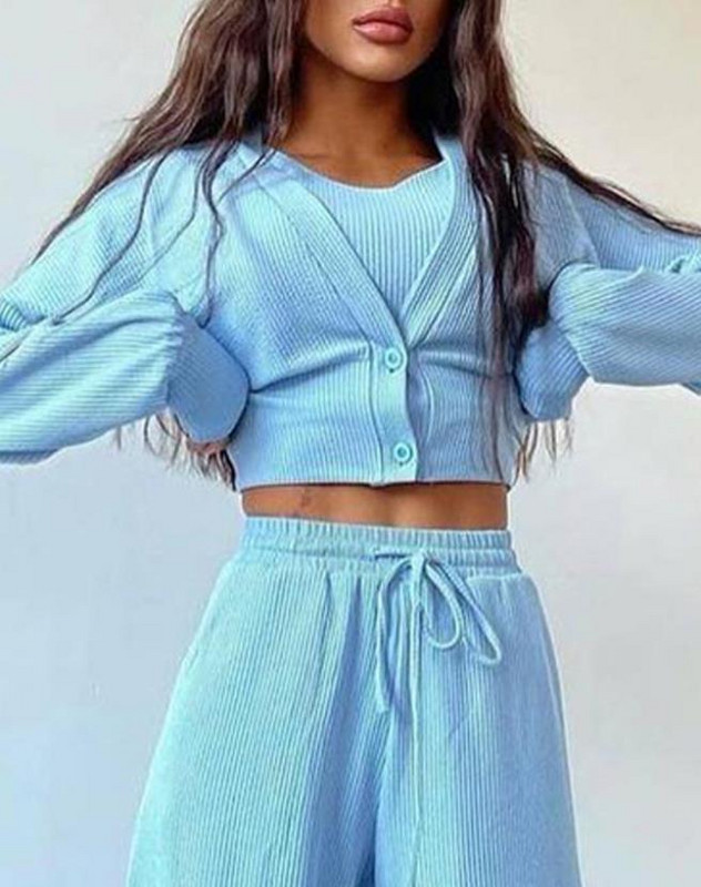 Naiste vabaaja 3-osaline komplekt, pikkade varrukatega, sooniku ja nööriga pükste komplekt nööpidega mantliga 2023. aasta sügisene naiste ülikond