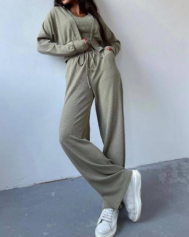 Naiste vabaaja 3-osaline komplekt, pikkade varrukatega, sooniku ja nööriga pükste komplekt nööpidega mantliga 2023. aasta sügisene naiste ülikond