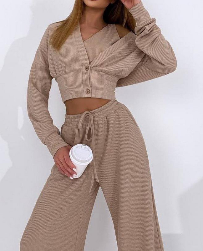 Naiste vabaaja 3-osaline komplekt, pikkade varrukatega, sooniku ja nööriga pükste komplekt nööpidega mantliga 2023. aasta sügisene naiste ülikond