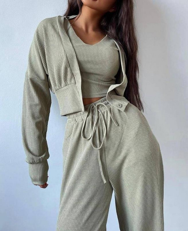 Naiste vabaaja 3-osaline komplekt, pikkade varrukatega, sooniku ja nööriga pükste komplekt nööpidega mantliga 2023. aasta sügisene naiste ülikond