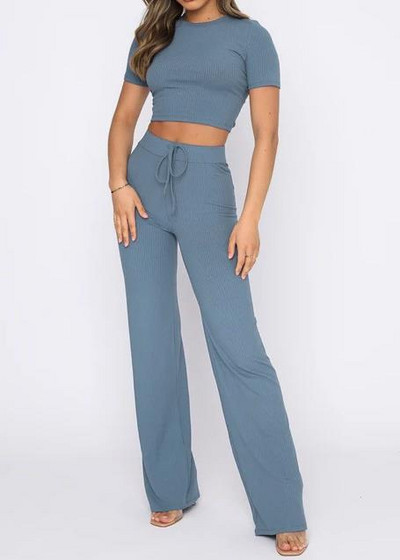 Moodne kaheosaline naiste komplekt 2023, kõrge elastne lühikeste varrukatega, triibuline ümara kaelusega ülaosa ja vabaaja laiade pükste komplekt