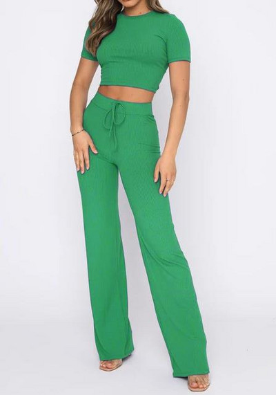 Moodne kaheosaline naiste komplekt 2023, kõrge elastne lühikeste varrukatega, triibuline ümara kaelusega ülaosa ja vabaaja laiade pükste komplekt