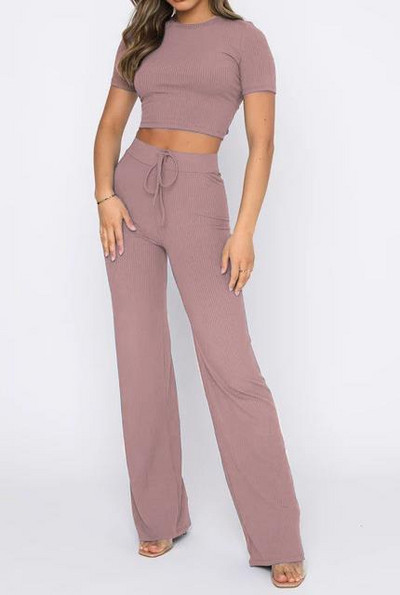 Moodne kaheosaline naiste komplekt 2023, kõrge elastne lühikeste varrukatega, triibuline ümara kaelusega ülaosa ja vabaaja laiade pükste komplekt