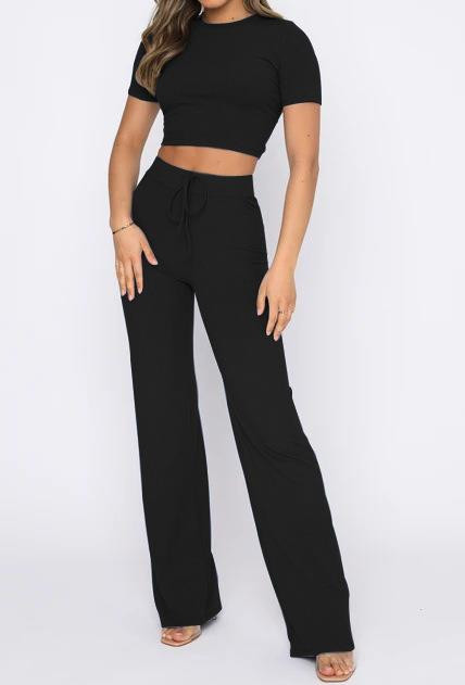 Moodne kaheosaline naiste komplekt 2023, kõrge elastne lühikeste varrukatega, triibuline ümara kaelusega ülaosa ja vabaaja laiade pükste komplekt