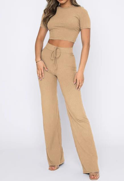 Moodne kaheosaline naiste komplekt 2023, kõrge elastne lühikeste varrukatega, triibuline ümara kaelusega ülaosa ja vabaaja laiade pükste komplekt