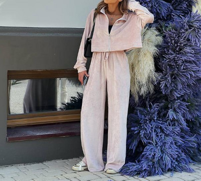 Ženska odjeća Jesen Zima 2023. Baršunasti ležerni gornji dio dugih rukava s patentnim zatvaračem i modni set hlača s džepnim dizajnom Ženska odjeća