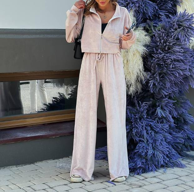 Ženska odjeća Jesen Zima 2023. Baršunasti ležerni gornji dio dugih rukava s patentnim zatvaračem i modni set hlača s džepnim dizajnom Ženska odjeća