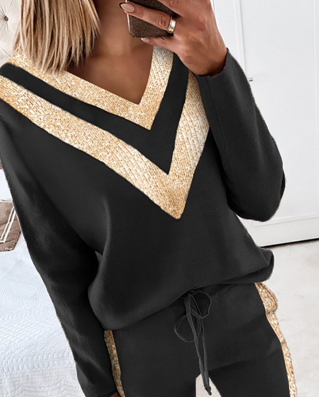 Dvodijelni kompleti Ženska odjeća Ležerna majica s dugim rukavima sa šljokicama u obliku ševrona i vezom Hlače s visokim strukom Kompleti trenirki Jesen Novo