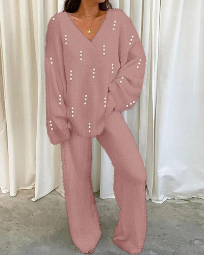 Ležerni jesenski dvodijelni set 2023. Ženska odjeća V-izrez dugih rukava s perlama Fuzzy Top i modni komplet hlača Ženska odijela