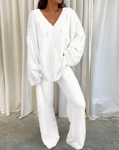 Ležerni jesenski dvodijelni set 2023. Ženska odjeća V-izrez dugih rukava s perlama Fuzzy Top i modni komplet hlača Ženska odijela