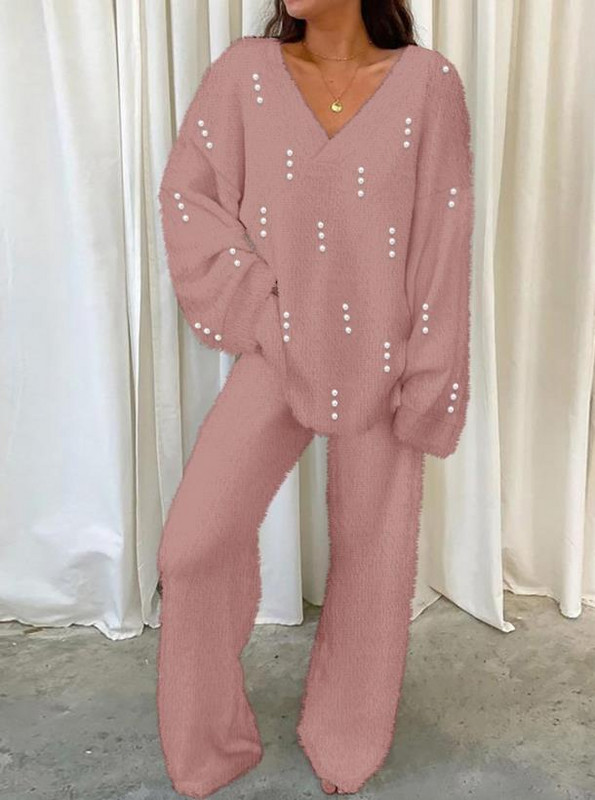 Ležerni jesenski dvodijelni set 2023. Ženska odjeća V-izrez dugih rukava s perlama Fuzzy Top i modni komplet hlača Ženska odijela