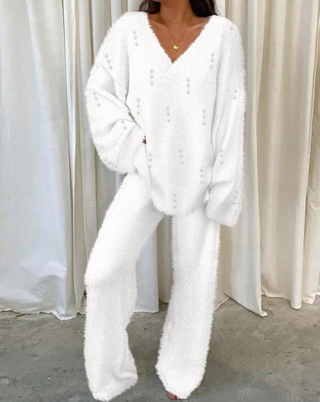 Ležerni jesenski dvodijelni set 2023. Ženska odjeća V-izrez dugih rukava s perlama Fuzzy Top i modni komplet hlača Ženska odijela
