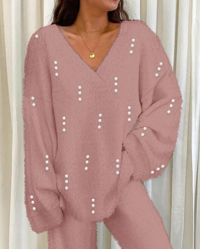 Ležerni jesenski dvodijelni set 2023. Ženska odjeća V-izrez dugih rukava s perlama Fuzzy Top i modni komplet hlača Ženska odijela