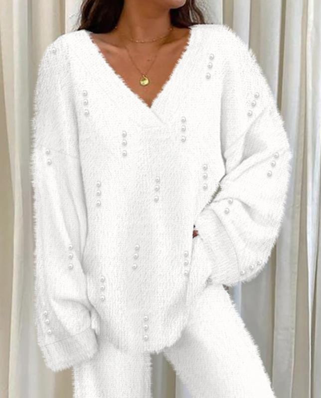 Ležerni jesenski dvodijelni set 2023. Ženska odjeća V-izrez dugih rukava s perlama Fuzzy Top i modni komplet hlača Ženska odijela