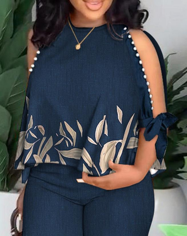 Pukseeritav komplekt Naiste riietus, 2023. aasta moetaimed, prinditud kahe varrukaga ülaosa ja sirge säärega Elegantne tööpükste komplekt, naiste suveülikond