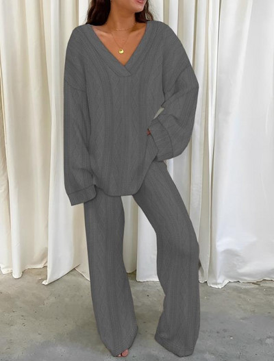 Dvodijelni set Ženska odjeća Jesen 2023., ležerni, dugi rukavi, V-izrez, teksturirani top i modni komplet hlača Ženska odijela Odjeća
