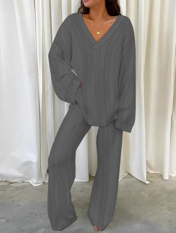 Dvodijelni set Ženska odjeća Jesen 2023., ležerni, dugi rukavi, V-izrez, teksturirani top i modni komplet hlača Ženska odijela Odjeća