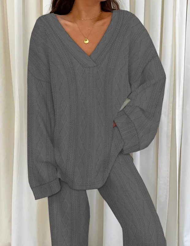 Dvodijelni set Ženska odjeća Jesen 2023., ležerni, dugi rukavi, V-izrez, teksturirani top i modni komplet hlača Ženska odijela Odjeća