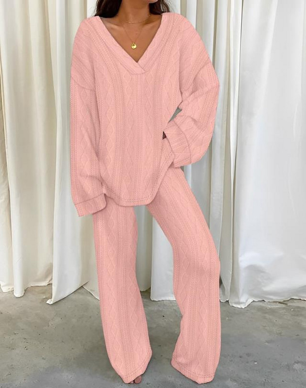 Dvodijelni set Ženska odjeća Jesen 2023., ležerni, dugi rukavi, V-izrez, teksturirani top i modni komplet hlača Ženska odijela Odjeća