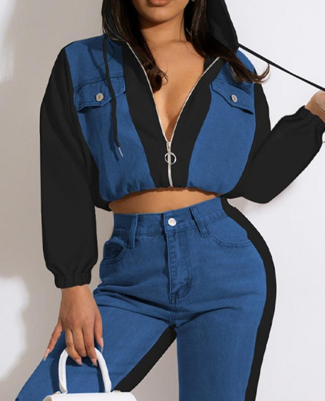 Dvodijelni set ženske odjeće 2023., ležerni traper u boji, kratki rukavi, majica s kapuljačom i modni Y2K komplet hlača s manžetama