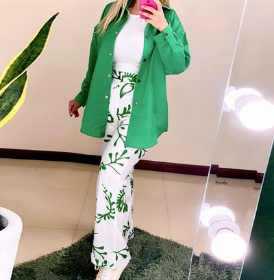 Ženski dvodijelni komplet, modna polo majica s dugim rukavima i džepovima s printom za jesen 2023. Ležerni komplet hlača visokog struka Ženska odjeća