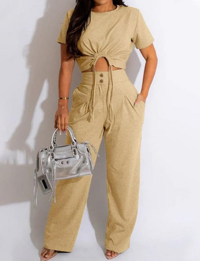 Naiste vabaaja kaheosaline komplekt, 2023. aasta sügisene ümar kaelus, lühikeste varrukatega, nööriga ülaosa ja nööpidega pükste komplekt, moodsad uued ülikonnad